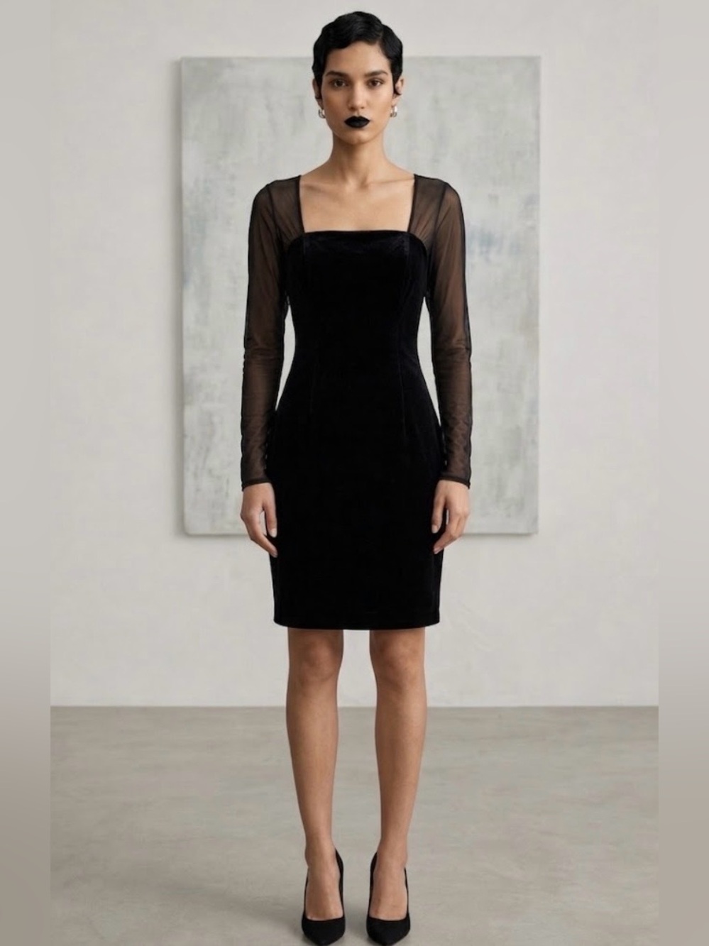 Vintage 1990s Laura Ashley Black Velvet Cocktail Formal Dress Sheer Sleeves